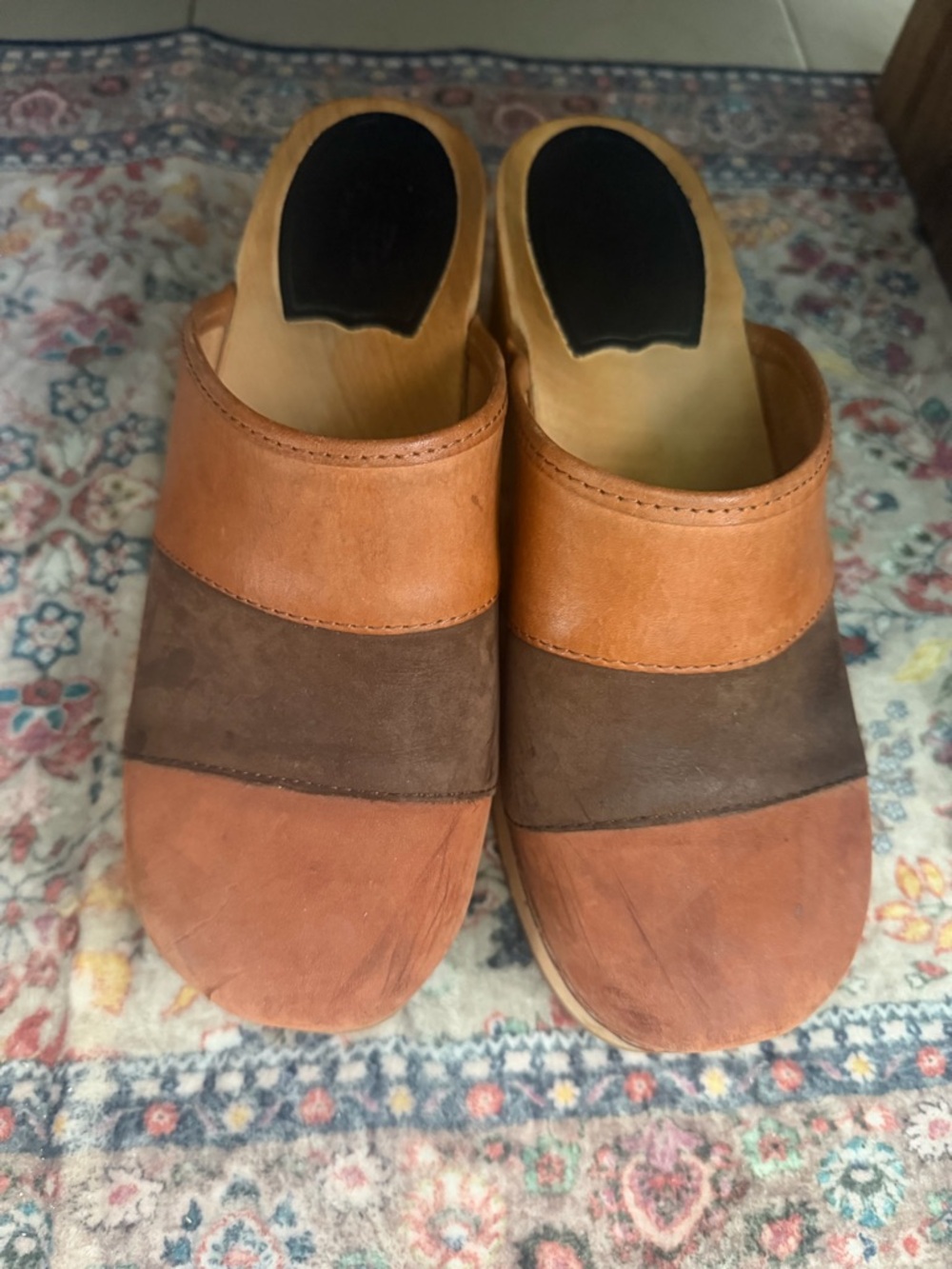 Swedish Hasbeens Two-Tone Brown and Tan Leather Clogs